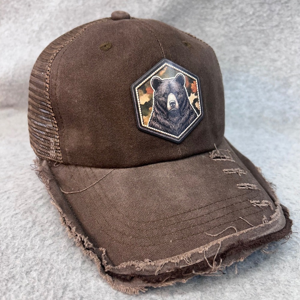 Grizzly Bear Patch Brown Unbranded Trucker Hat Distressed Snapback OSFM